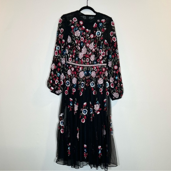 Mac Duggal 5712 Size 2 Black Pink Red Floral Long Sleeve A-Line Midi Party Dress - Picture 6 of 14